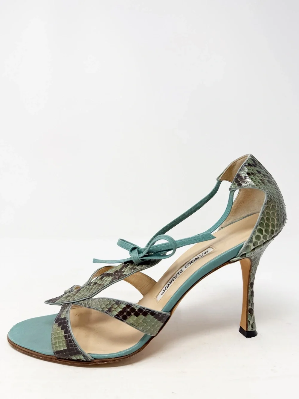Manolo Blahnik Green Snakeskin Lace Up Sandal Heels Womens Size EU 40